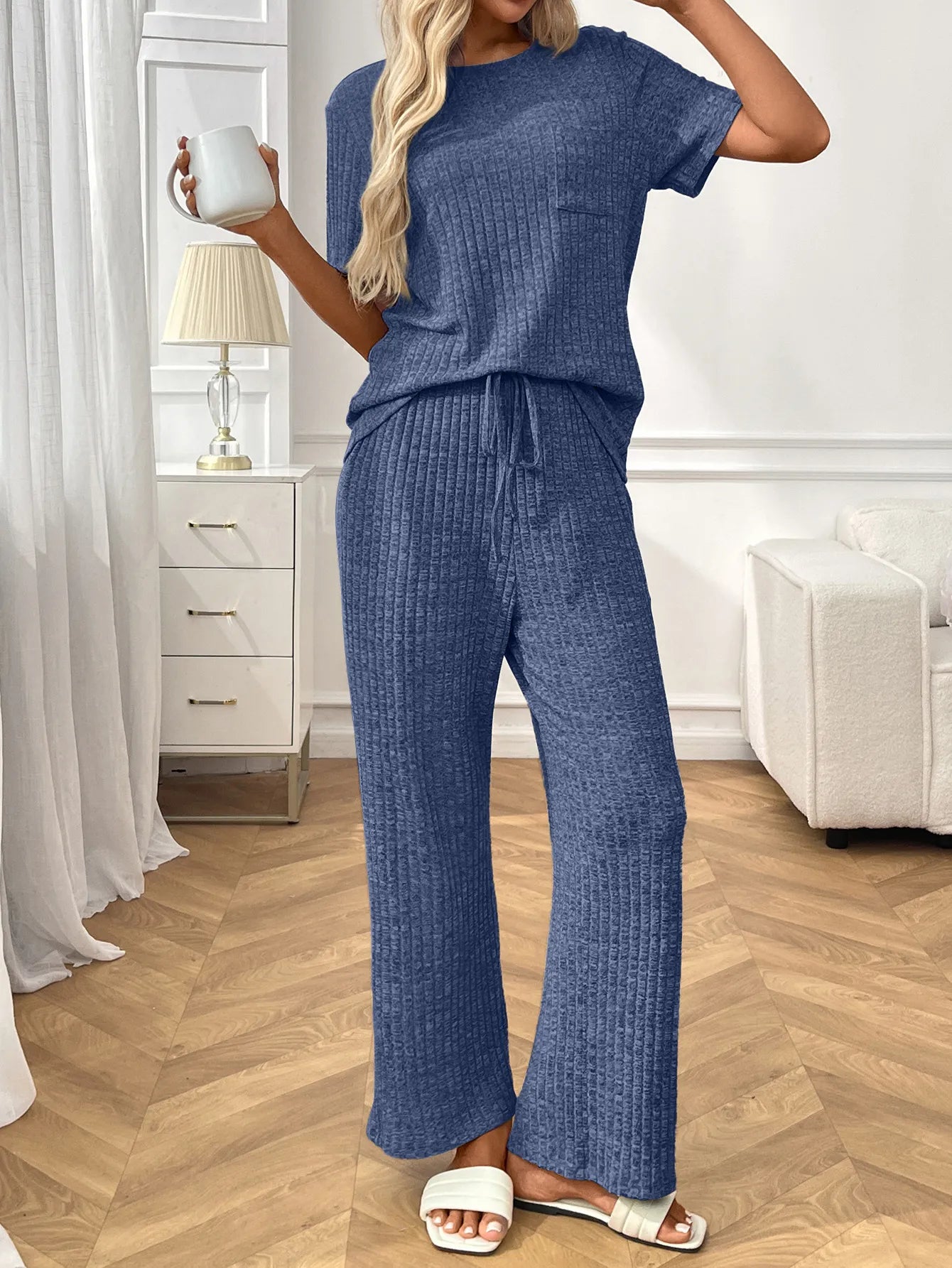 Ribbed Knit Short Sleeve Top and Pants Lounge Set - Jeans Junction Online
