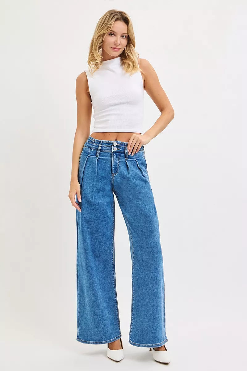 RISEN Full Size Mid Rise Fit Wide Leg with Pleated Detail Jeans Plus Size - Jeans Junction Online