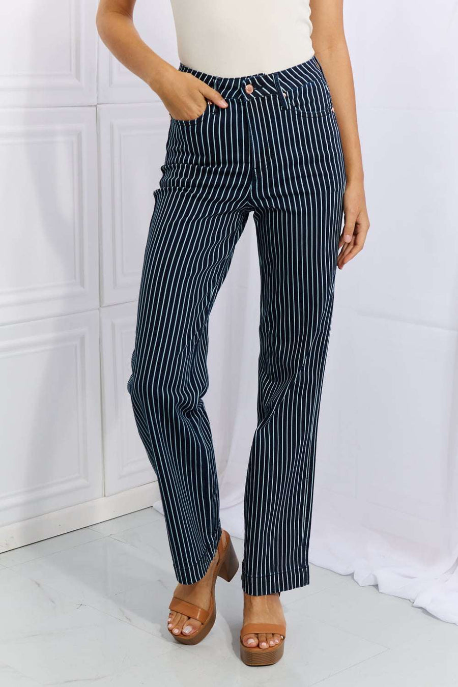 Judy Blue Cassidy Full Size High Waisted Tummy Control Striped Straight Jeans - Jeans Junction Online 