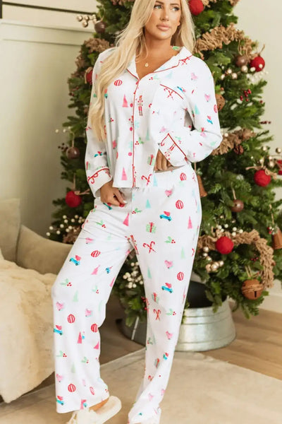 Christmas Printed Collared Neck Top and Pants Lounge Set - Jeans Junction Online