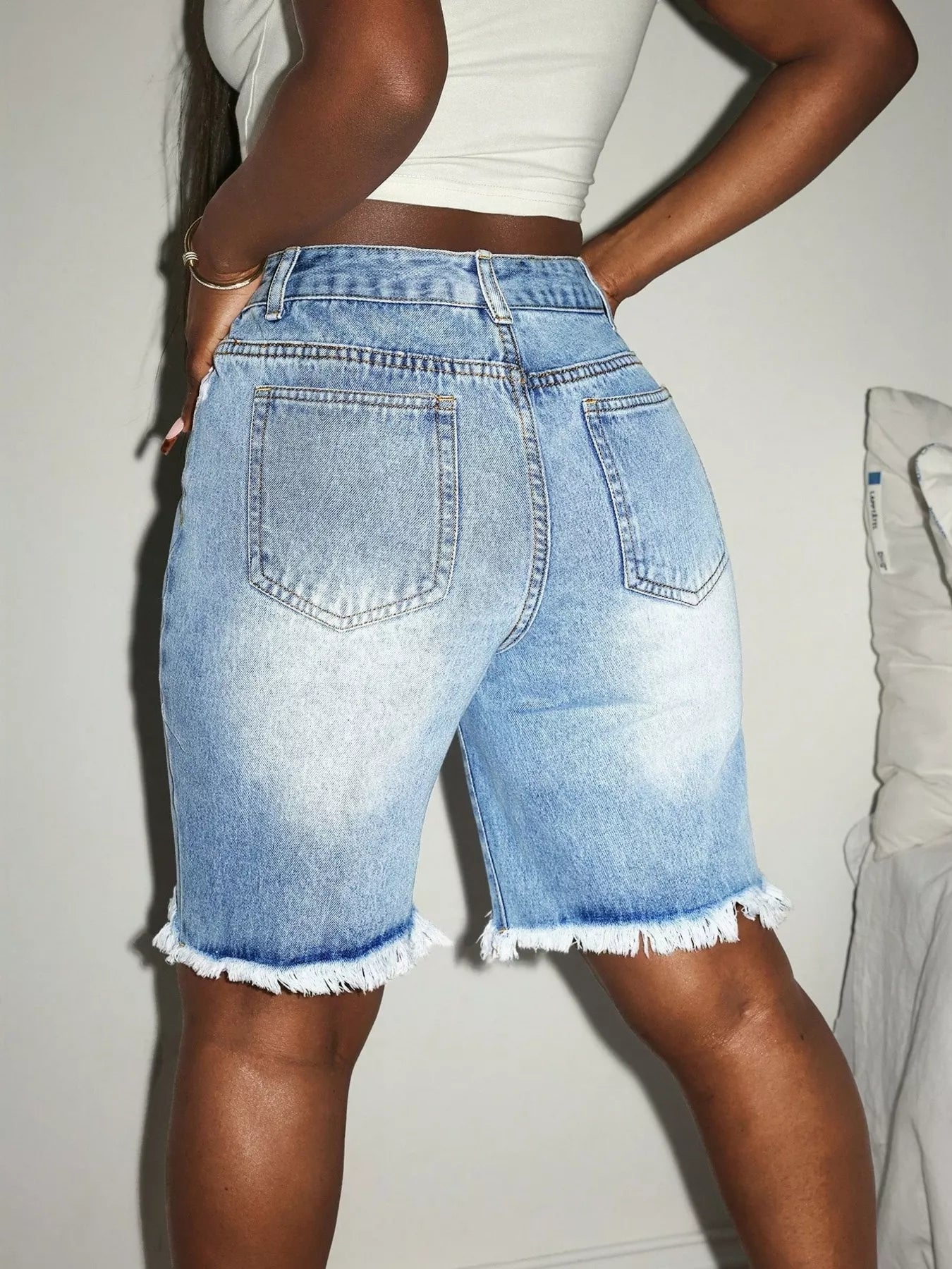 Distressed High Waist Frayed Hem Denim Shorts - Jeans Junction Online