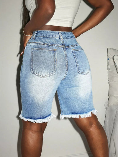 Distressed High Waist Frayed Hem Denim Shorts - Jeans Junction Online