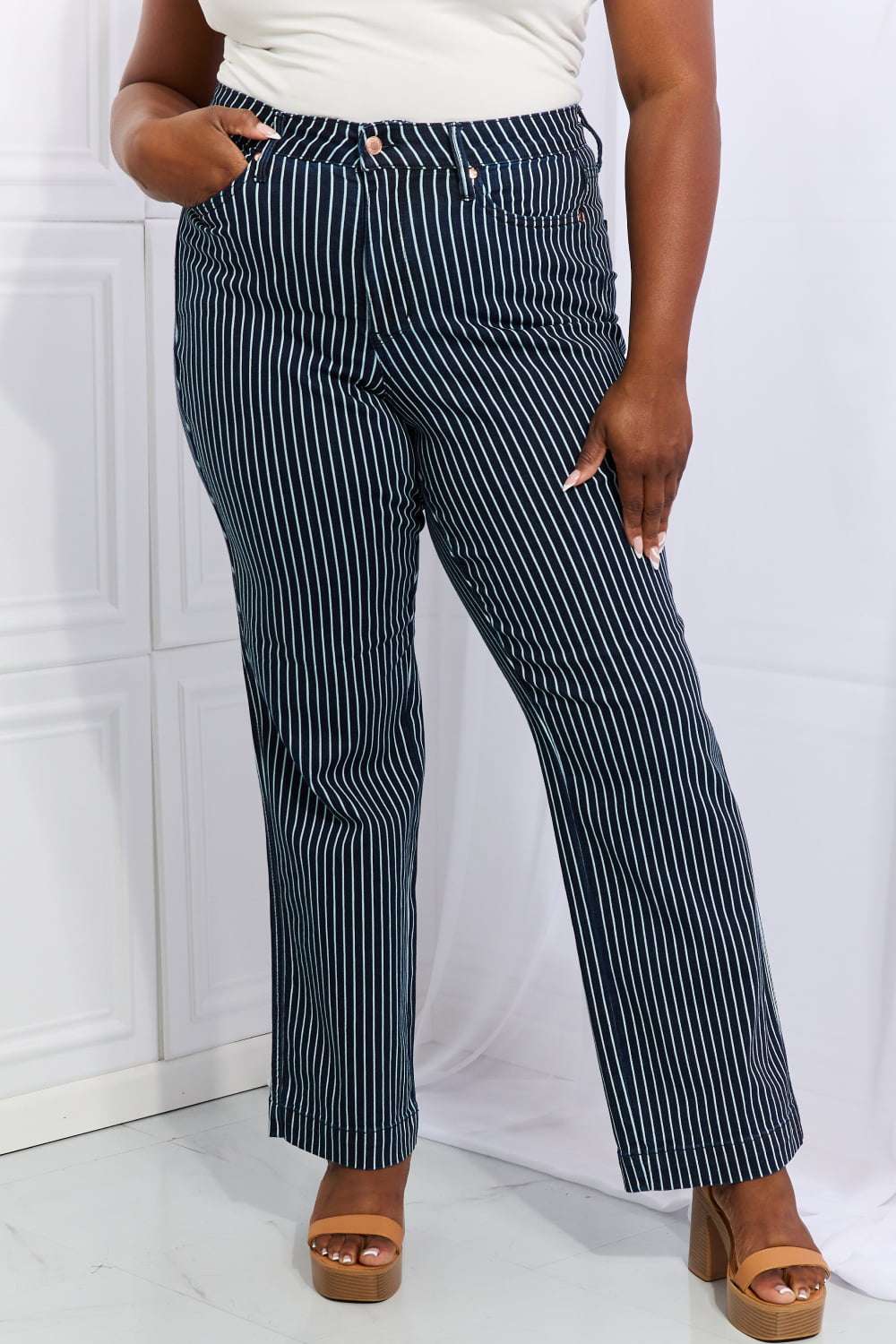 Judy Blue Cassidy Full Size High Waisted Tummy Control Striped Straight Jeans - Jeans Junction Online