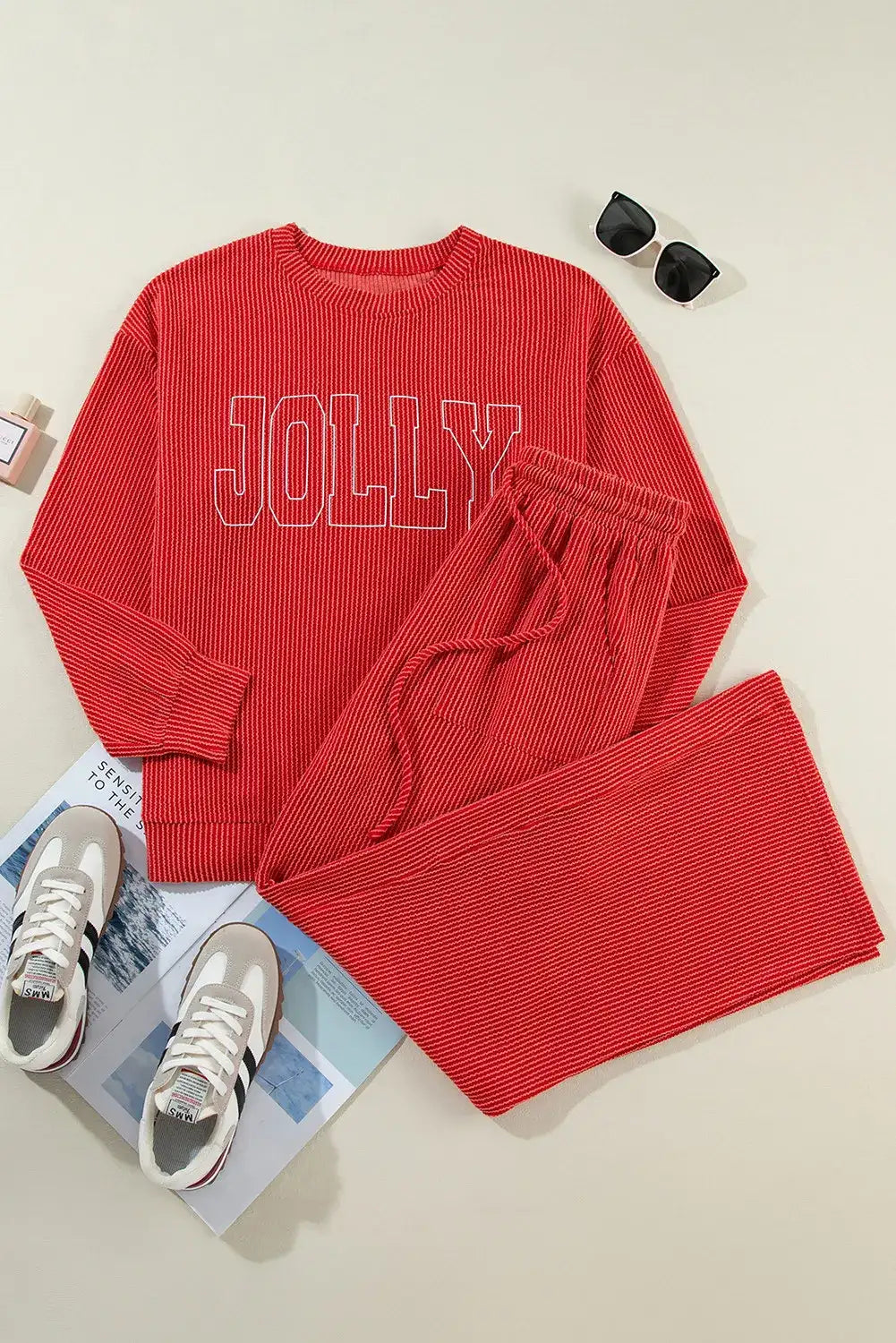 JOLLY Round Neck Long Sleeve Top and Pants Lounge Set - Jeans Junction Online