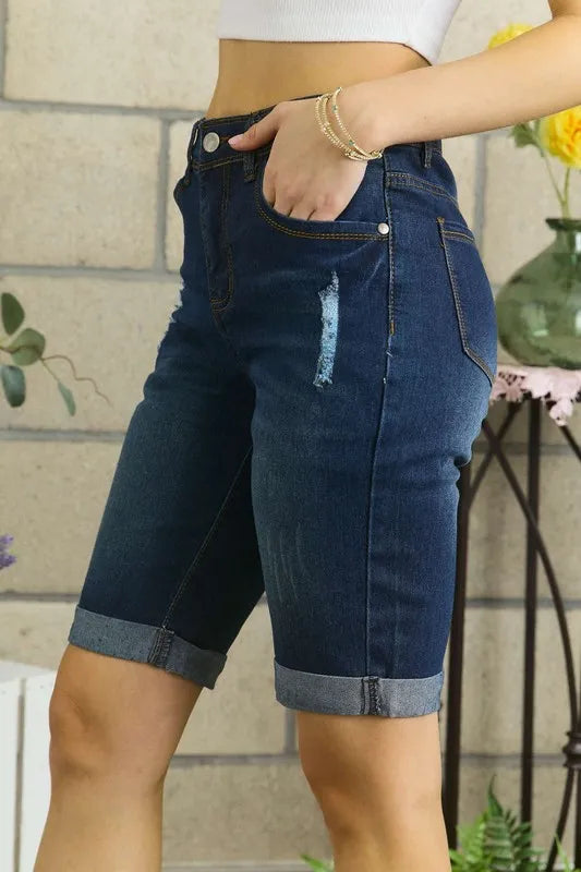 ADORA Distressed Denim Shorts with Pockets - Jeans Junction Online