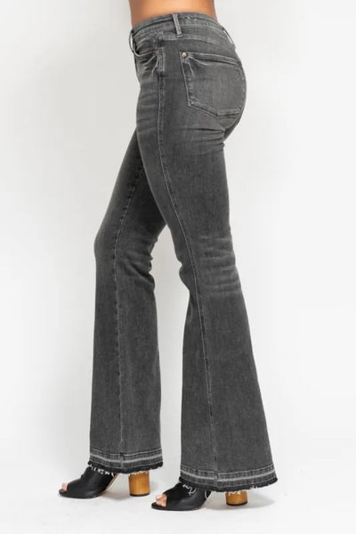 Judy Blue Full Size Mid Rise Tummy Control Washed Gray Release Hem Flare Jeans Plus Size - Jeans Junction Online