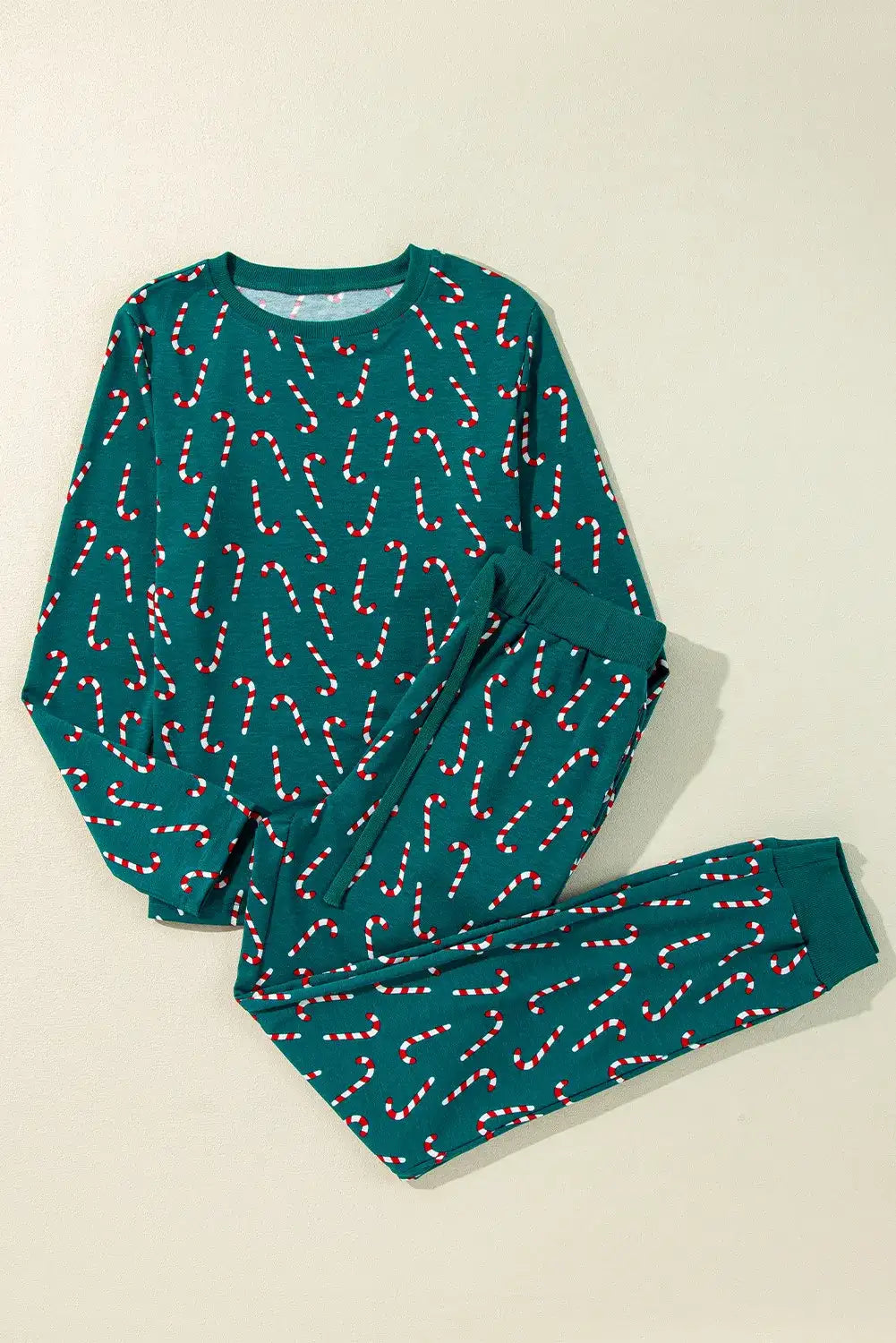 Candy Cane Print Round Neck Top and Pants Lounge Set - Jeans Junction Online
