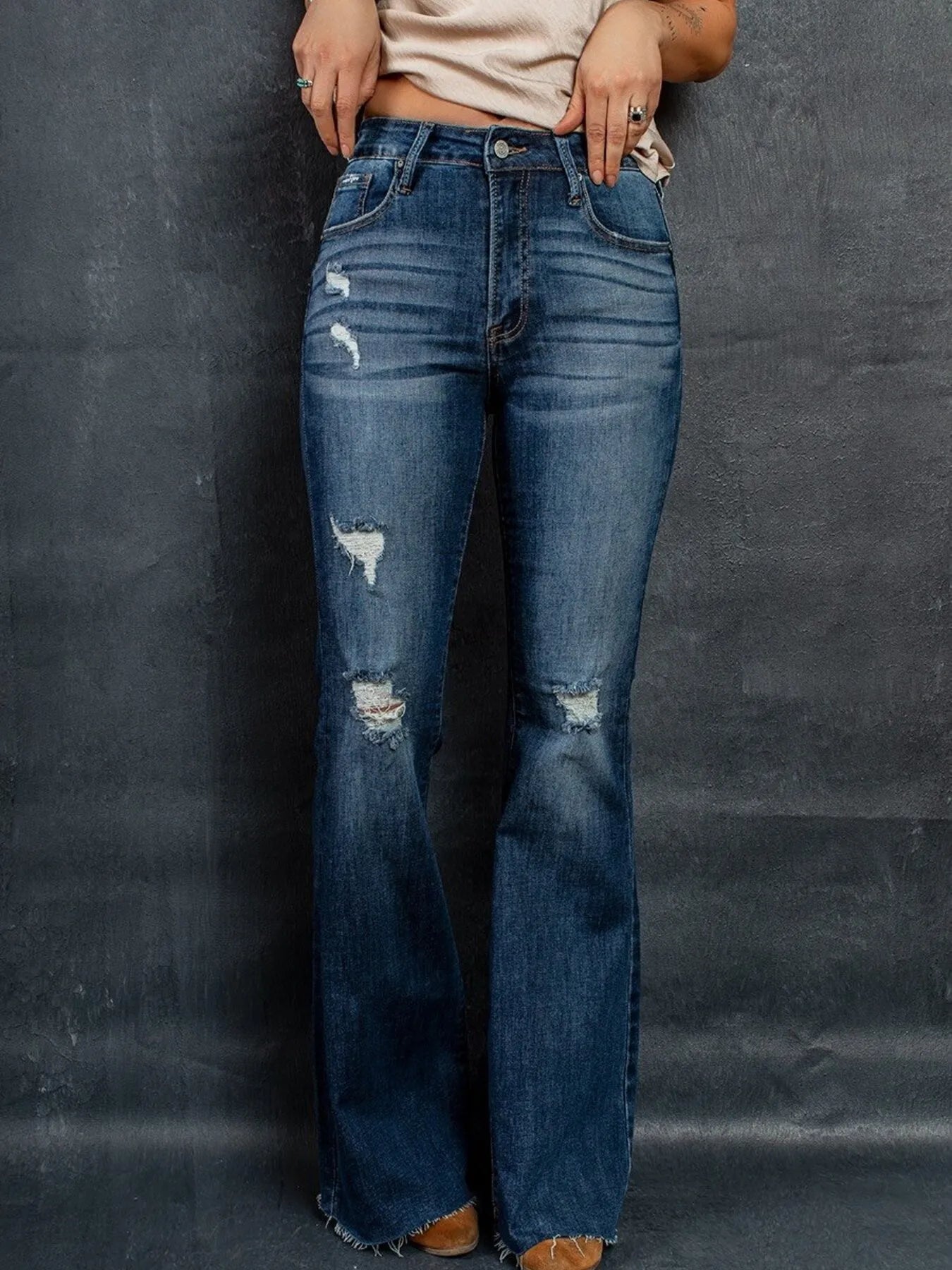 Distressed High-Waisted Flare Jeans - Jeans Junction Online