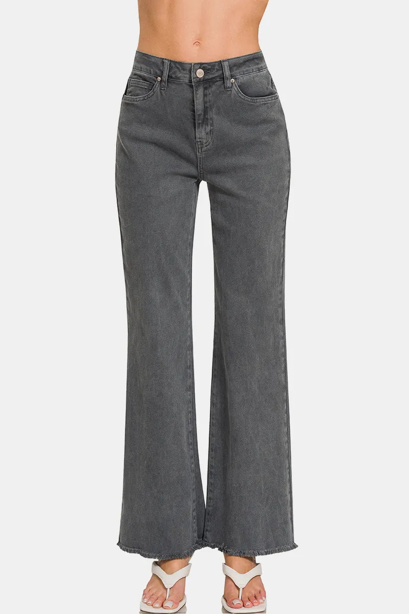 Zenana Acid Washed Frayed Hem Bootcut Jeans - Jeans Junction Online 