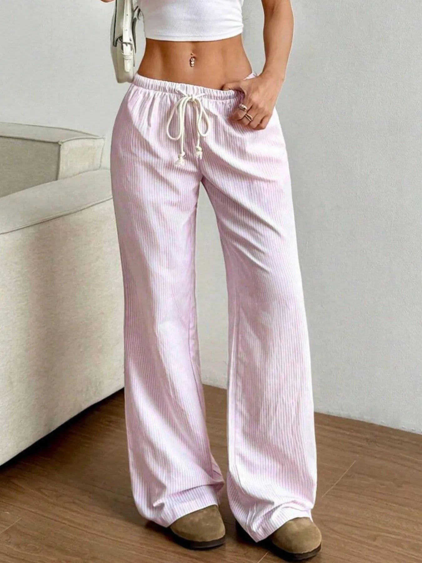 Drawstring Striped Wide Leg Pants - Jeans Junction Online