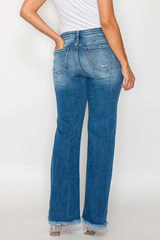 bytos Full Size Raw Hem Distressed Mid Rise Straight Jeans - Jeans Junction Online
