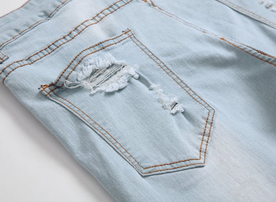 Men's Foreign Trade Light White Blue Big Hole Slim Jeans - Jeans Junction Online