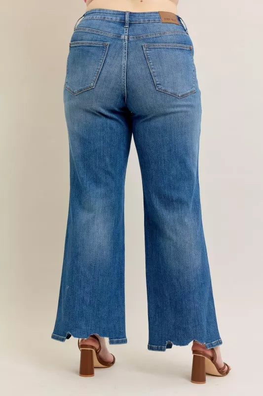 Judy Blue Full Size High Waist Tummy Control Chew Hem Destroy Wide Jeans Plus Size - Jeans Junction Online