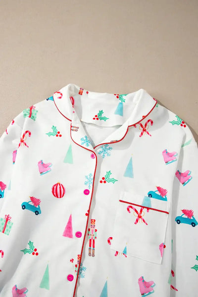 Christmas Printed Collared Neck Top and Pants Lounge Set - Jeans Junction Online