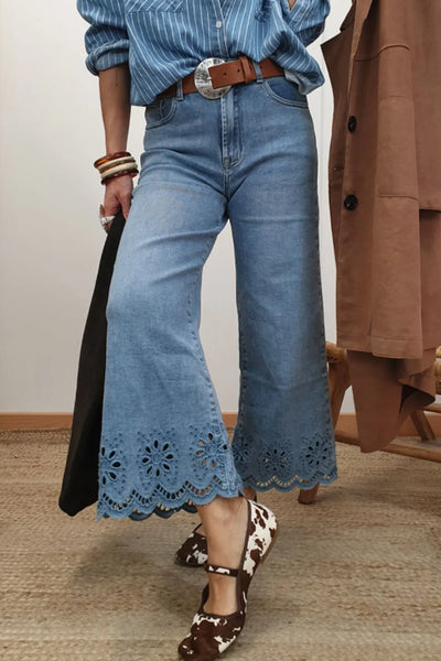 Lace Detail Cropped Wide Leg Jeans - Jeans Junction Online