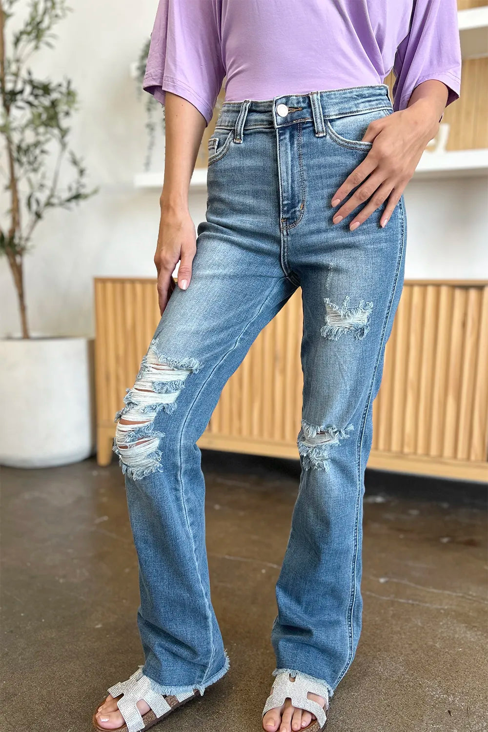Judy Blue Full Size Distressed Raw Hem Bootcut Jeans - Jeans Junction Online