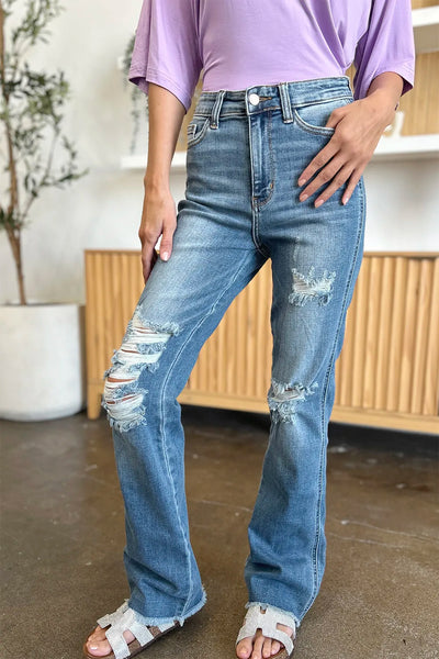 Judy Blue Full Size Distressed Raw Hem Bootcut Jeans - Jeans Junction Online