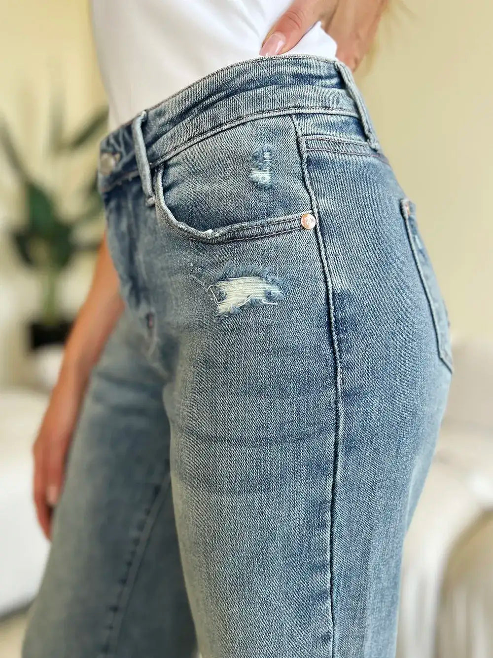 Judy Blue Full Size Mid Rise Distressed Straight Jeans - Jeans Junction Online