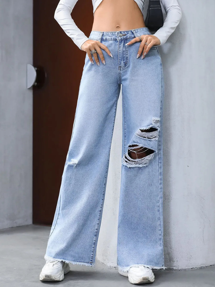 Distressed Raw Hem Wide Leg Jeans - Jeans Junction Online 