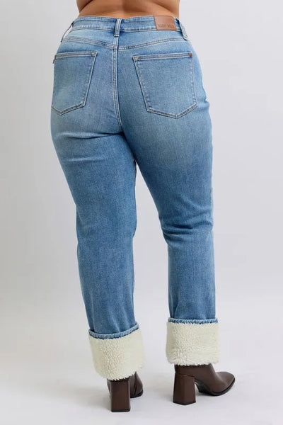Judy Blue Full Size High Waist Shearling Cuff Straight Plus Size - Jeans Junction Online