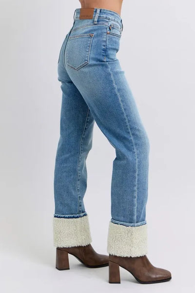 Judy Blue Full Size High Waist Shearling Cuff Straight Plus Size - Jeans Junction Online