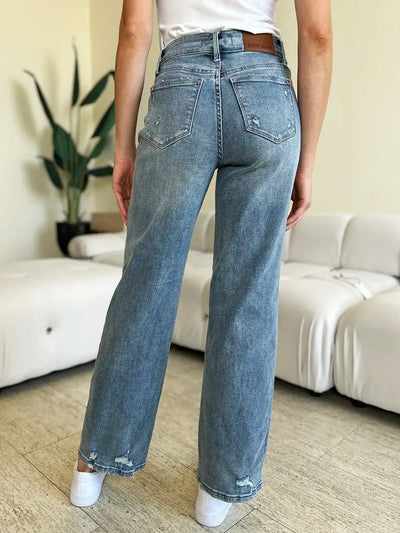 Judy Blue Full Size Mid Rise Distressed Straight Jeans - Jeans Junction Online