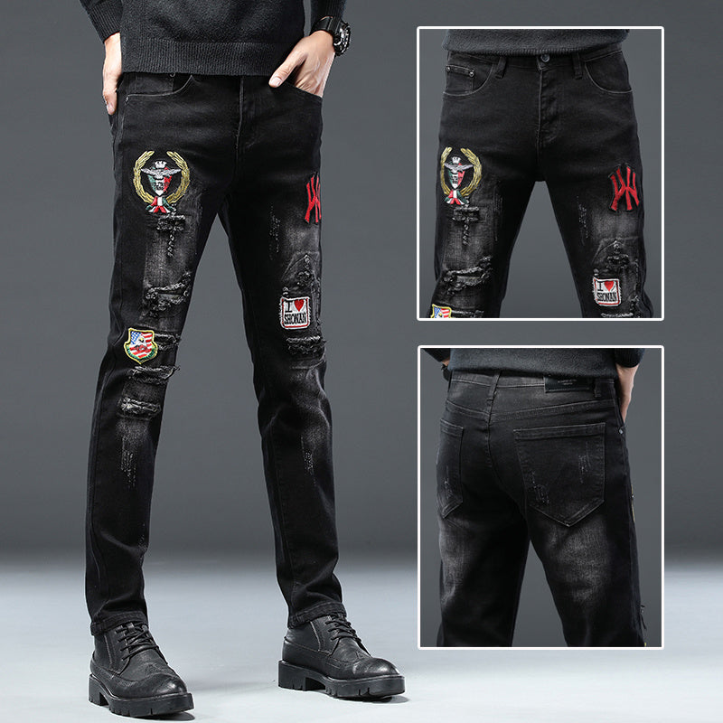 High-End Embroidered Ripped Slim-Fit Jeans - Jeans Junction Online
