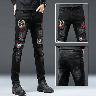 High-End Embroidered Ripped Slim-Fit Jeans - Jeans Junction Online