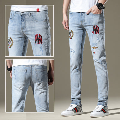 High-End Embroidered Ripped Slim-Fit Jeans - Jeans Junction Online