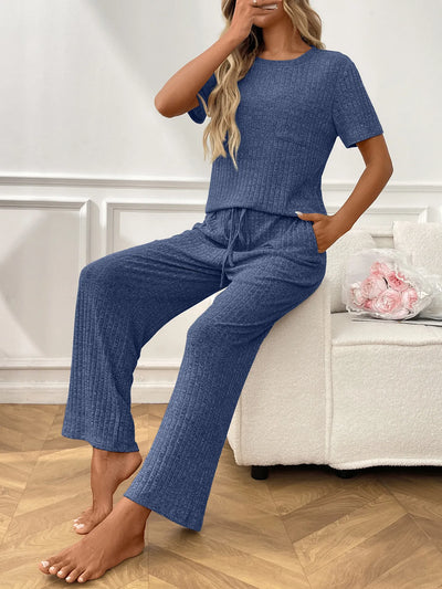 Ribbed Knit Short Sleeve Top and Pants Lounge Set - Jeans Junction Online