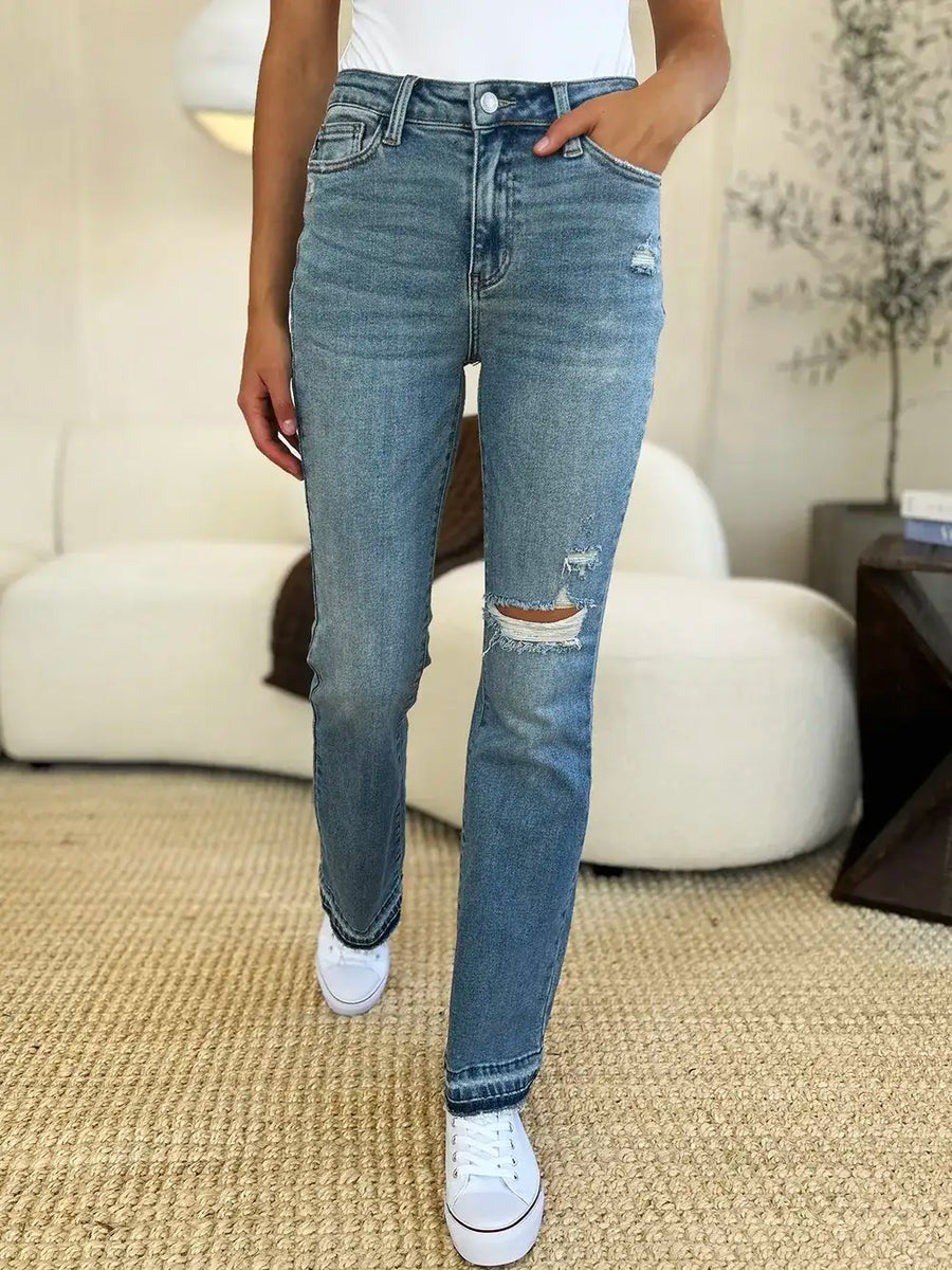 Judy Blue Full Size Mid Rise Destroyed Hem Distressed Jeans - Jeans Junction Online 