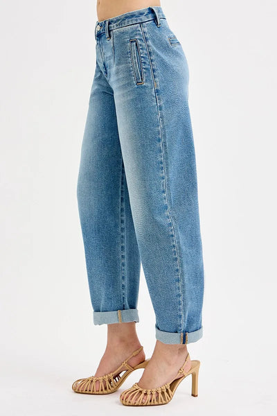 RISEN Full Size Mid Rise Fit Barrel Roll Up Jeans Plus Size - Jeans Junction Online