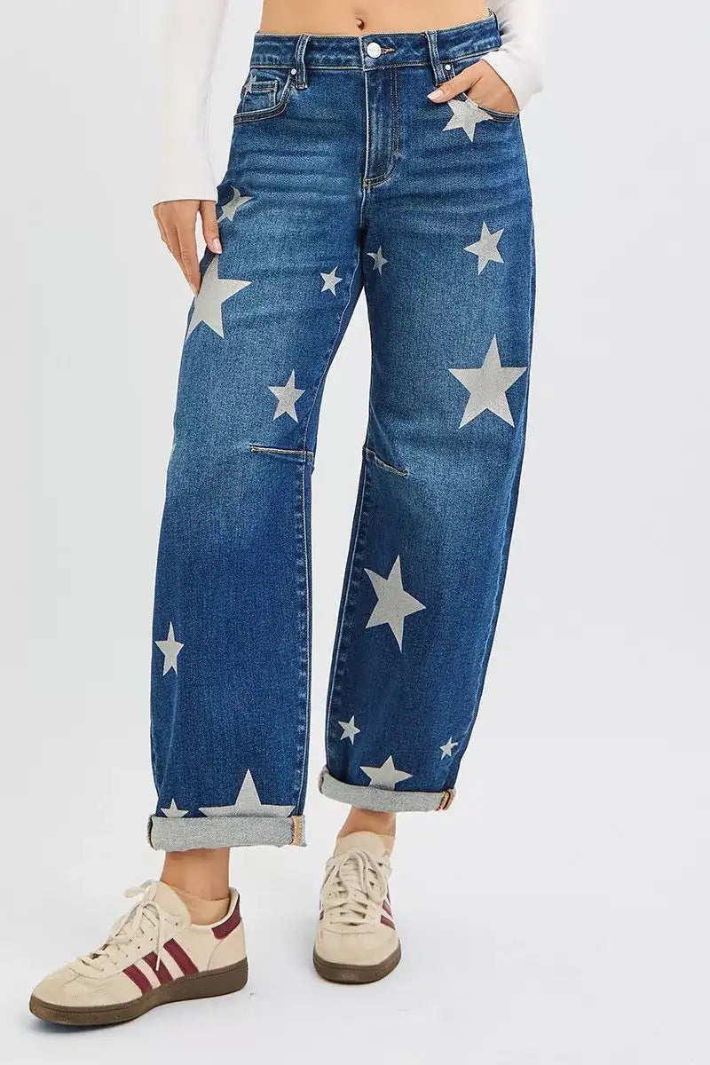 RISEN Mid Rise Ankle Length Relaxed Barrel Star Printed Jeans - Jeans Junction Online 