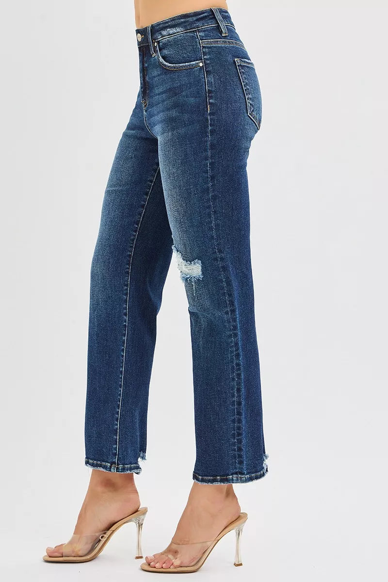 RISEN High Rise Crop Slim Straight Jenas with Hidden Knee Patch - Jeans Junction Online