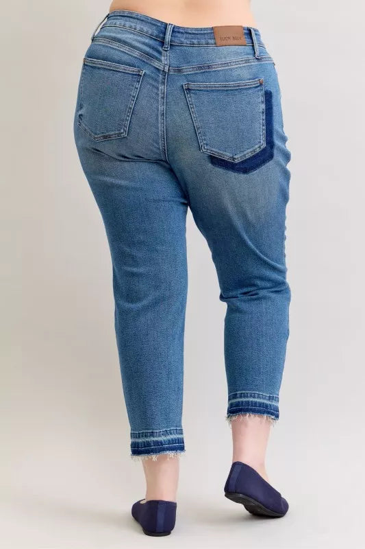 Judy Blue Full Size Mid Rise Bf Patch & Repair Destroy Release Hem Jeans Plus Size - Jeans Junction Online