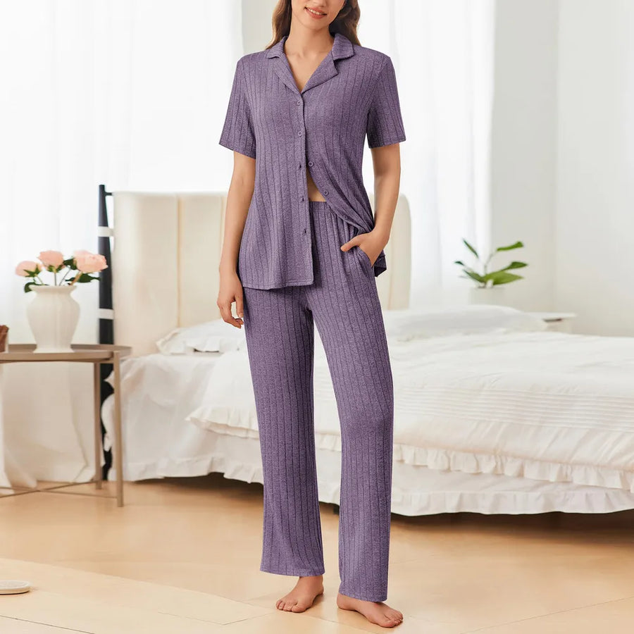 Button Down Long Sleeve Top and Pants Lounge Set - Jeans Junction Online 