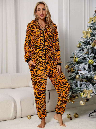 Animal Print Zip Front Lounge Jumpsuit with Pockets - Jeans Junction Online
