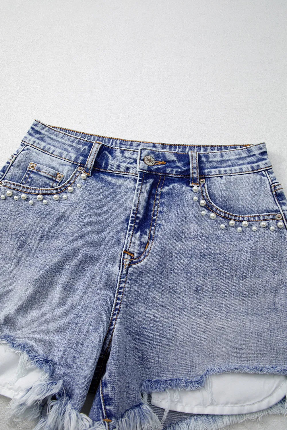 Pearl Studded Pockets Raw Hem Denim Shorts - Jeans Junction Online