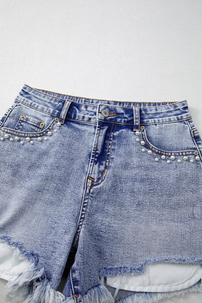 Pearl Studded Pockets Raw Hem Denim Shorts - Jeans Junction Online