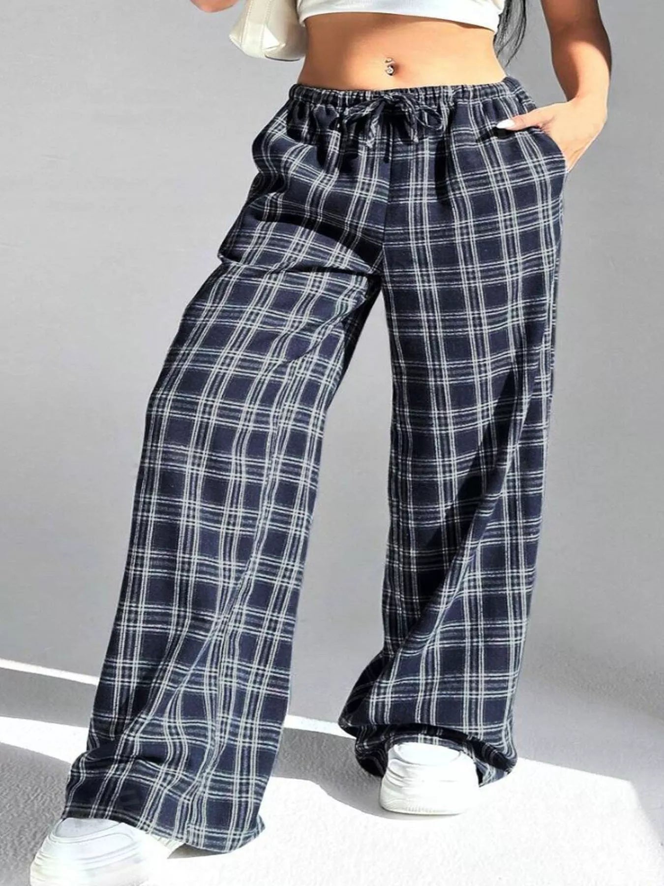 Plaid Drawstring Wide Leg Pants - Jeans Junction Online