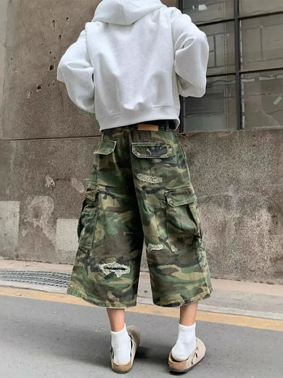 Men's Plus Size Distressed Camouflage Cargo Capris Jeans - Jeans Junction Online