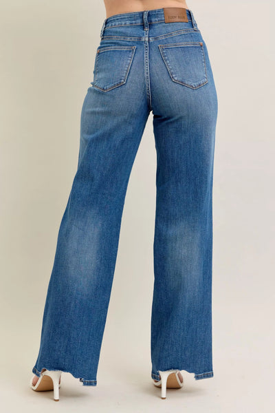 Judy Blue Full Size High Waist Tummy Control Chew Hem Destroy Wide Jeans Plus Size - Jeans Junction Online