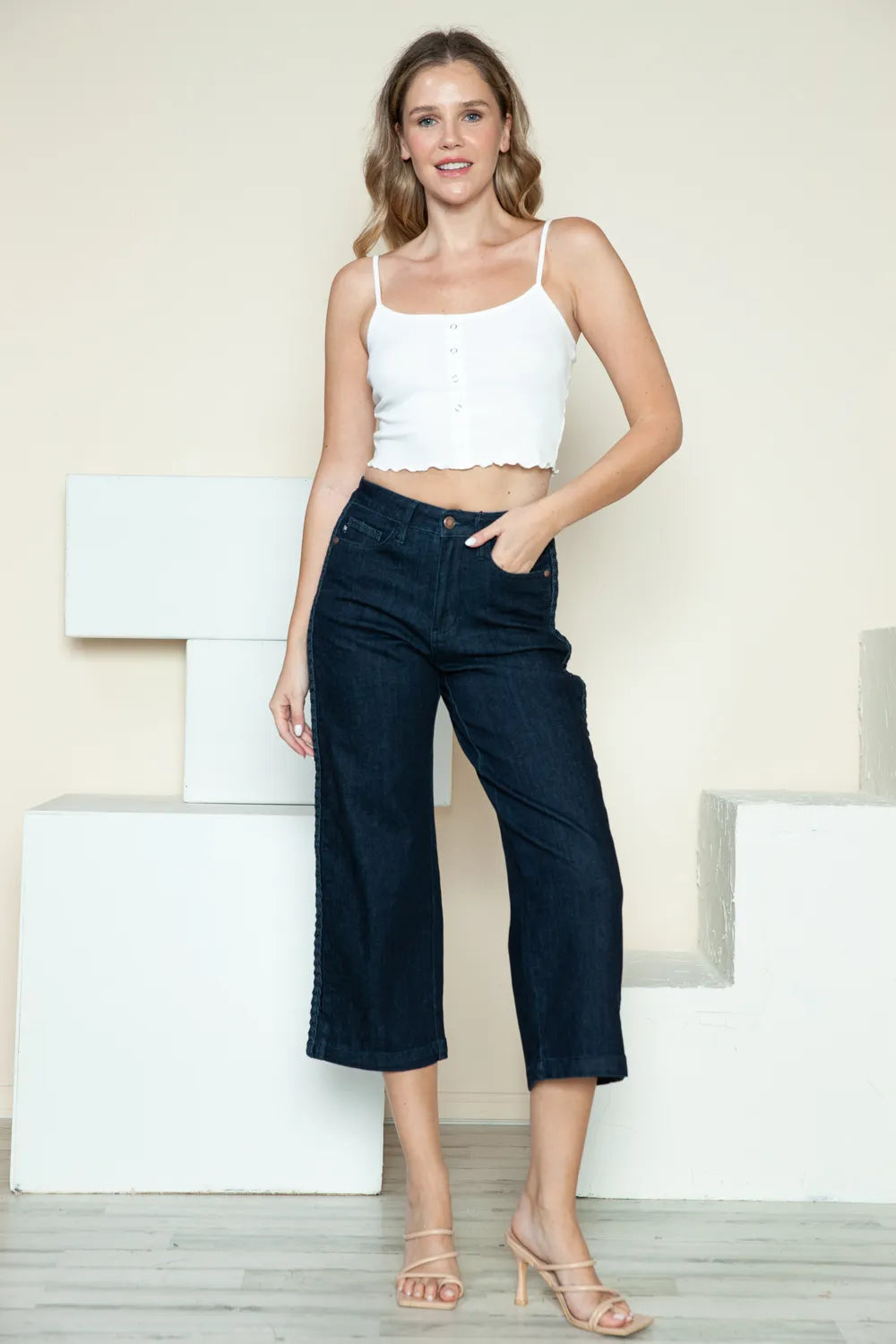 Judy Blue Full Size Side Seam Braid Detail Crop Wide Leg Jeans - Jeans Junction Online
