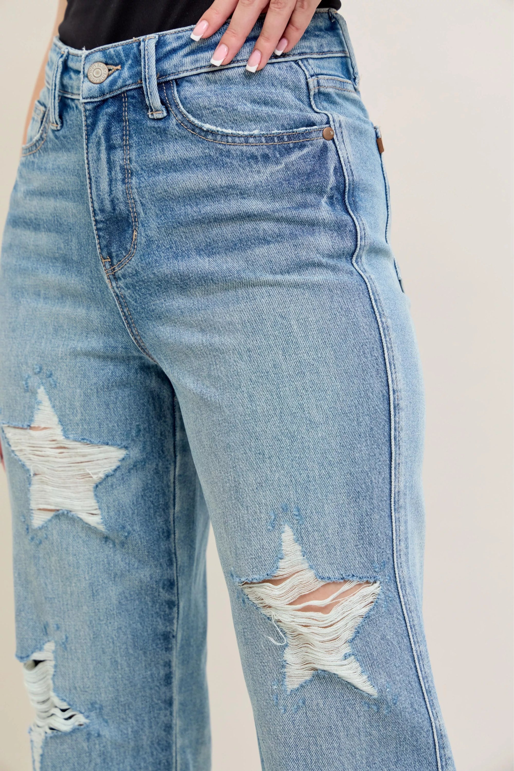 Judy Blue Full Size High Waist Rigid Magic Star Shaped Destroy 90's Straight Jeans Plus Size - Jeans Junction Online