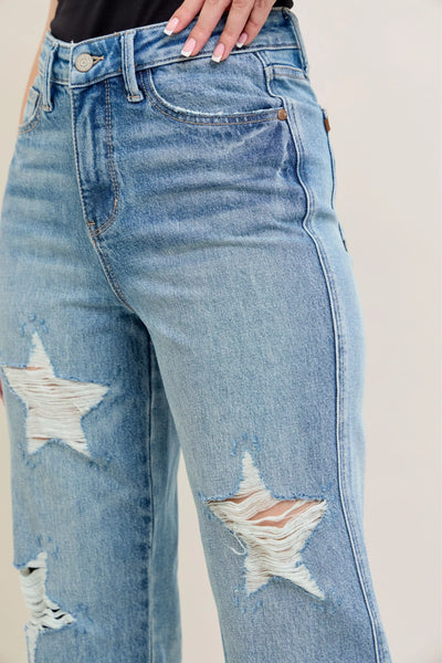 Judy Blue Full Size High Waist Rigid Magic Star Shaped Destroy 90's Straight Jeans Plus Size - Jeans Junction Online