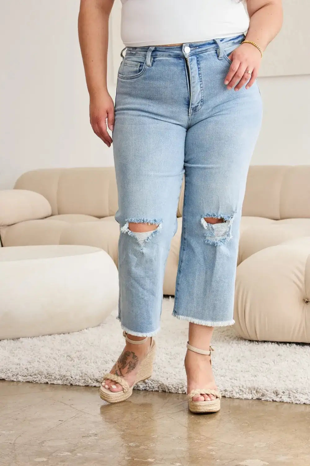 RFM Full Size Tummy Control High Waist Raw Hem Distressed Jeans - Jeans Junction Online