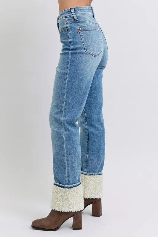 Judy Blue Full Size High Waist Shearling Cuff Straight Plus Size - Jeans Junction Online