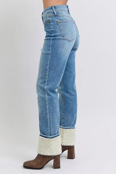 Judy Blue Full Size High Waist Shearling Cuff Straight Plus Size - Jeans Junction Online