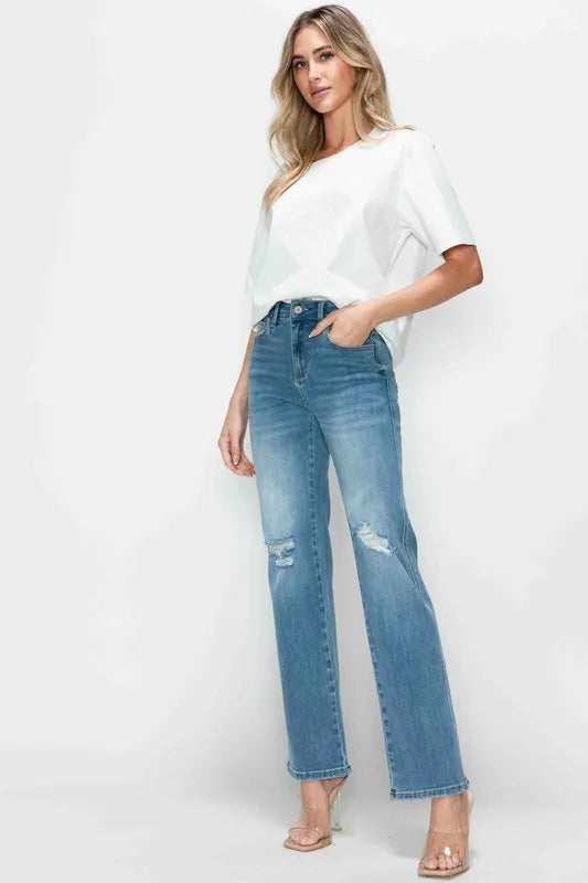 bytos Full Size Distressed High Rise Straight Jeans - Jeans Junction Online 