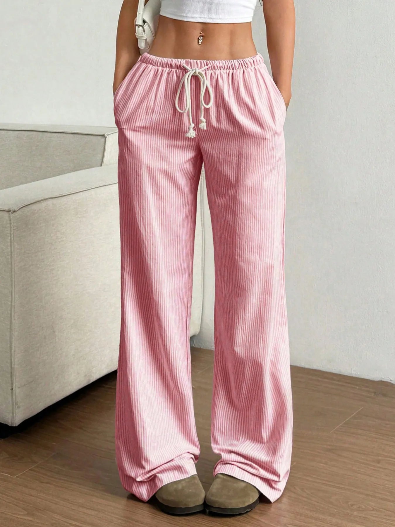 Drawstring Striped Wide Leg Pants - Jeans Junction Online